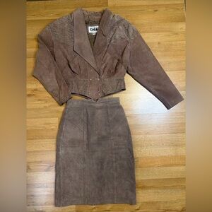 CHIA Vintage 80’s Tan Beige Cheetah Leather Jacket & Skirt Set Size Medium/8
